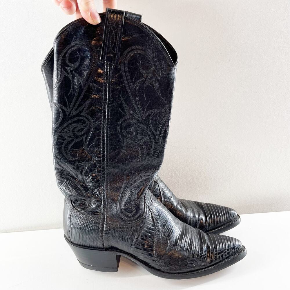 Dan Post Leather Exotic Lizard Skin Mid Calf Western Cowboy Boots Blacs 6.5